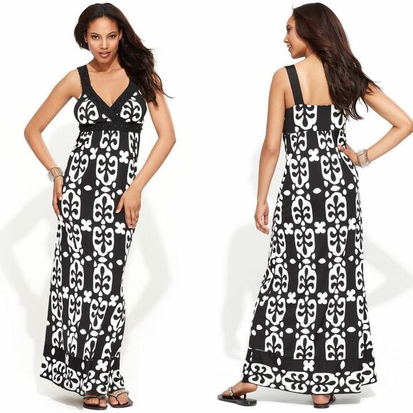 New! INC International Concepts Beaded Crochet Geometric Print Maxi Dress Small - Picture 1 of 3